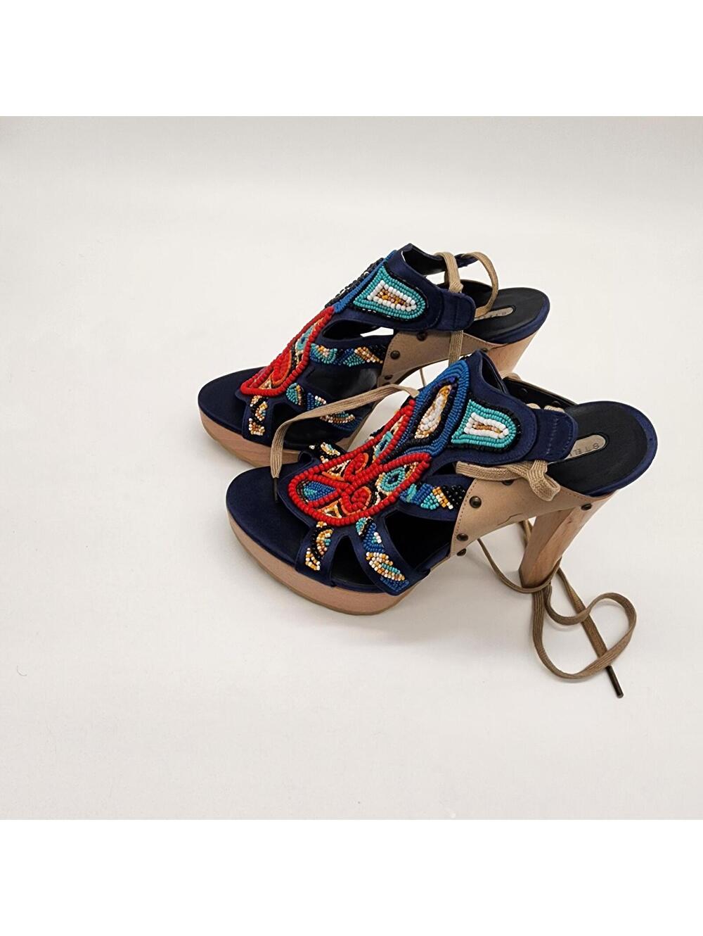 Stella McCartney Multi Color Beaded Blue Satin High Leg Lug Sole Sandal Sz 36.5 - Picture 4 of 8